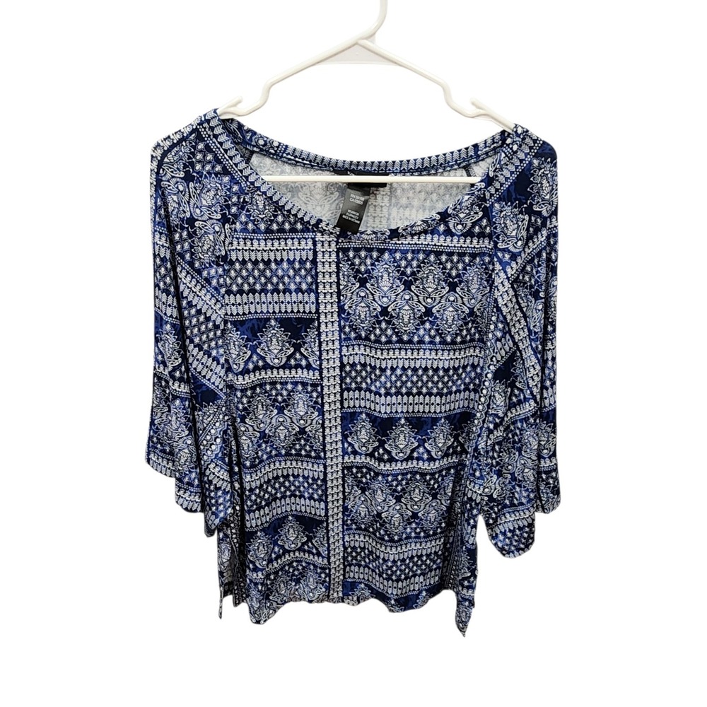 Karen Kane Blue White Size Small Scoop Neck Stretch Pullover with Elbow Sleeves